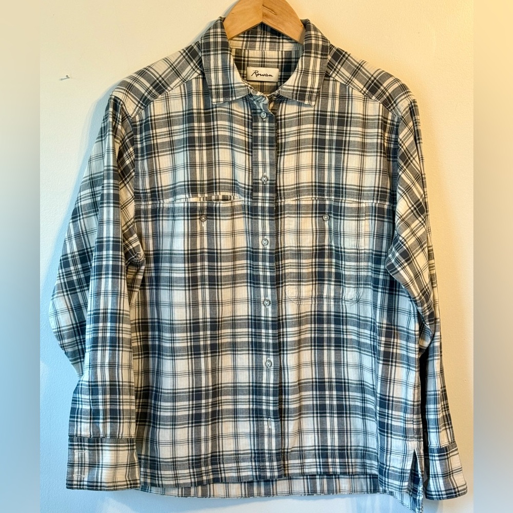 Rowan Women's Blue and White Plaid Button Down Shirt - Dallas Oversized